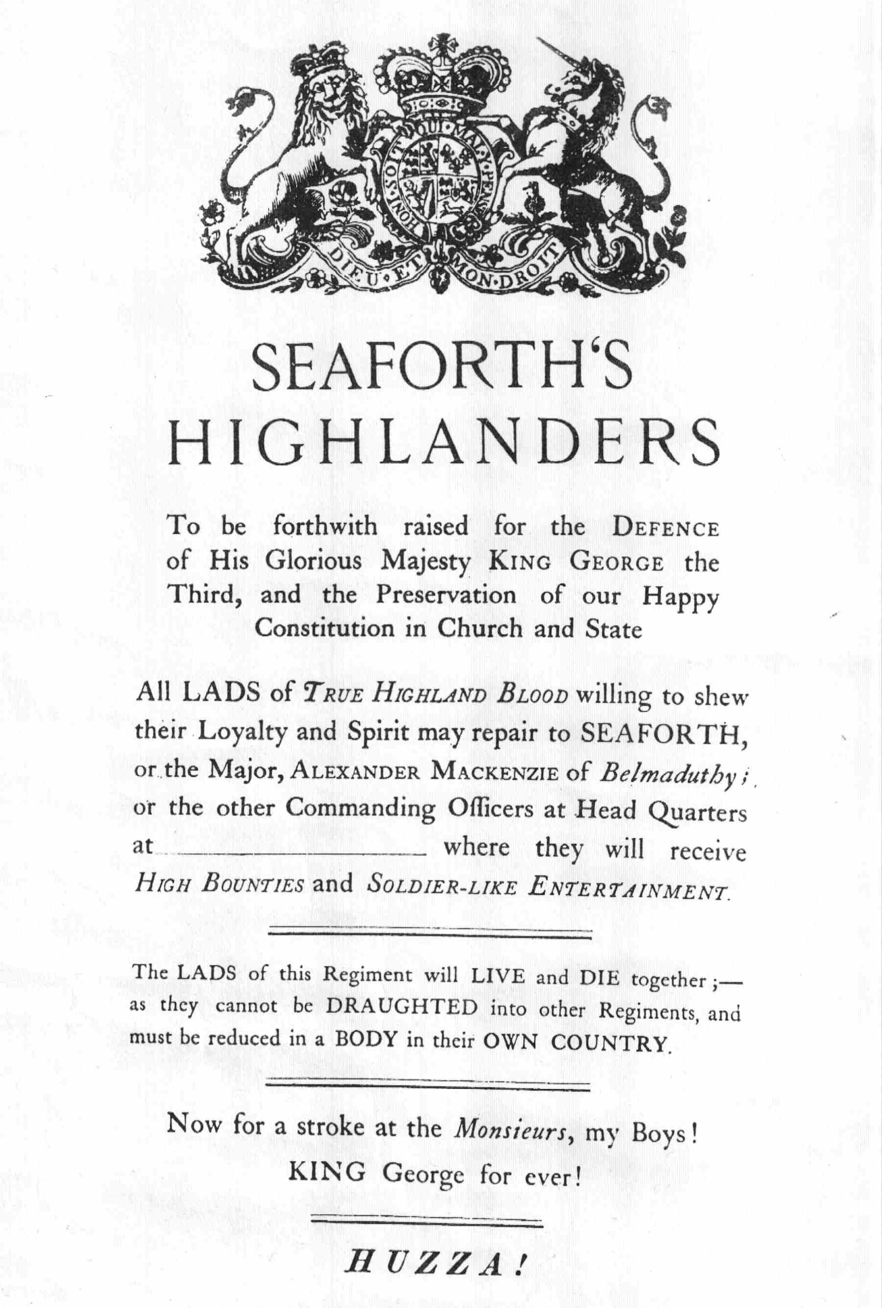 Seaforth Highlanders Recruiting Poster 1793